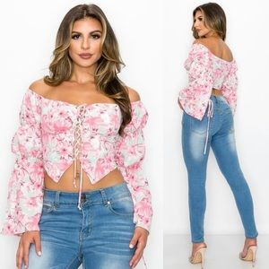 Romantic Floral Crop Top - Mint Pink